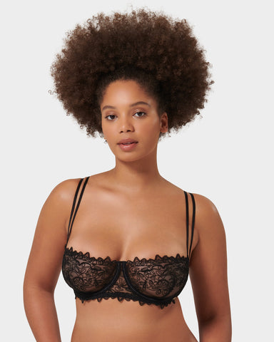Black mesh underwire balcony bra. An elegant and sexy balcony bra featured embroidered details. 