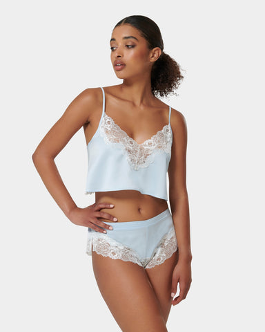 Isabella Set Top e Short in Raso Luxe Azzurro Ghiaccio/Bianco