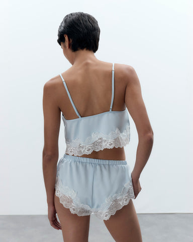 Isabella Set Top e Short in Raso Luxe Azzurro Ghiaccio/Bianco