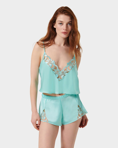 Leonora Set Top e Short in Raso Luxe Turchese/Trasparente