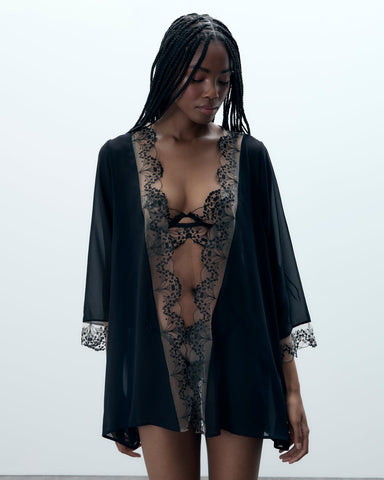 Marisa Kimono in Chiffon Nero/Trasparente