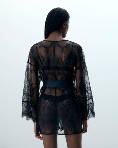 Madeline Kimono in Pizzo Trasparente Nero